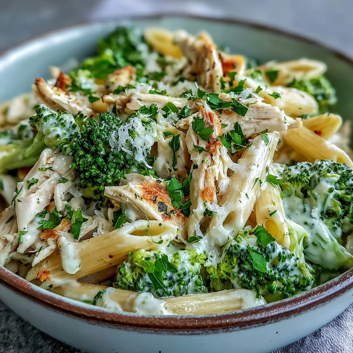 High Protein Rotisserie Chicken Broccoli Pasta with creamy Greek yogurt sauce, bright broccoli, and extra Parmesan garnish.