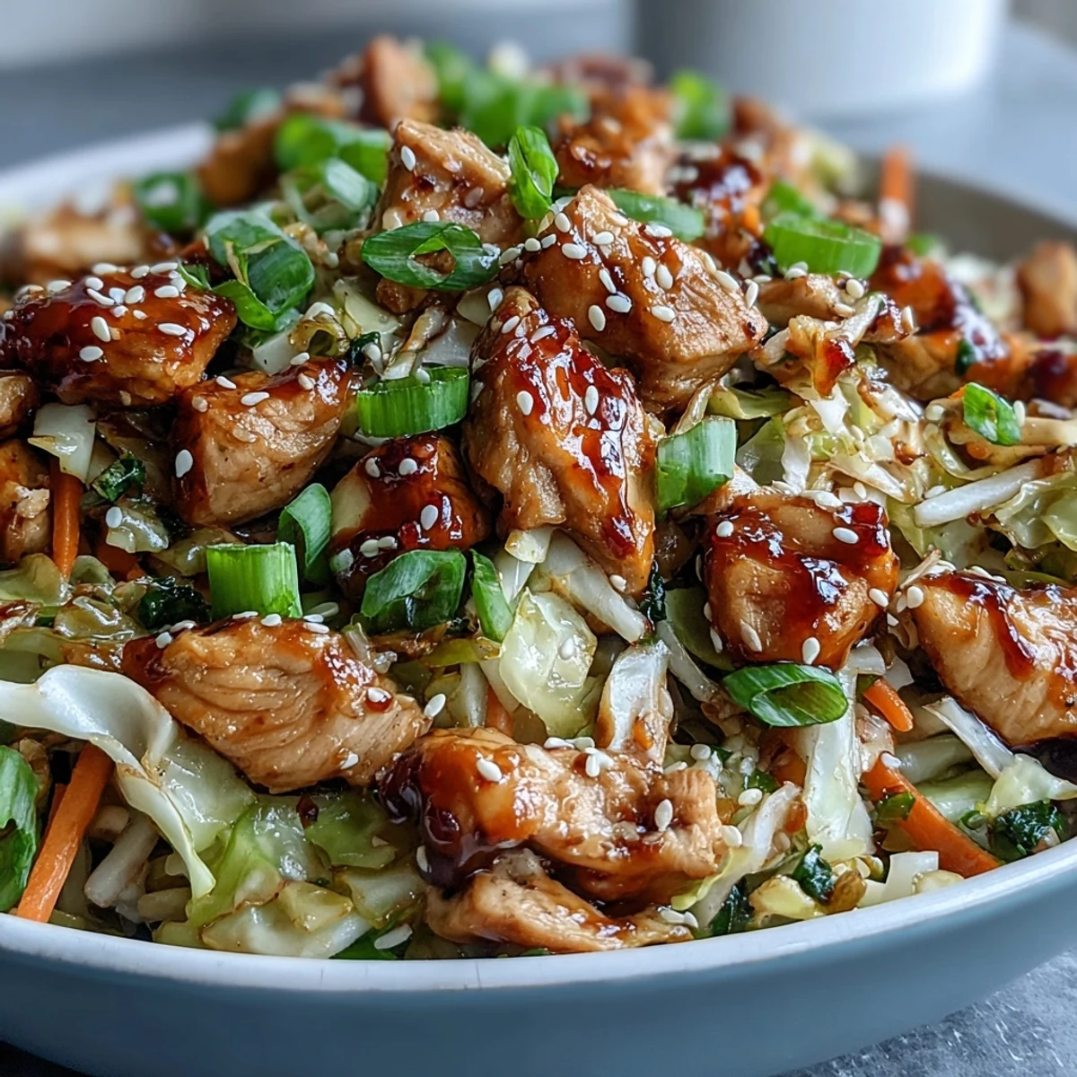 Fork lifting tender chicken, shredded cabbage, and carrots from a colorful Asian-inspired dinner bowl.