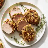 Crispy pecan crust coats the juicy Thyme and Pecan Crusted Pork Tenderloin served with savory drippings.