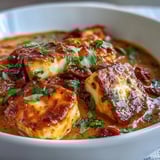 The golden halloumi and tomato curry simmers in a pan with aromatic spices and rich coconut milk.