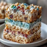 Festive red, white, and blue Rice Krispies treats with vibrant layers and sprinkles, perfect for Fourth of July parties.