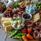 Whimsical spring appetizer featuring pastel candies, bunny cookies, and savory bites arranged to resemble mini Easter baskets.