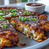 Gorgeous Korean-style kimchi pancakes with crisp edges, served hot and cut into wedges alongside a vibrant dipping sauce.  
