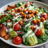 Delicious vegan Caesar salad, showcasing crunchy, roasted chickpea croutons atop fresh greens.