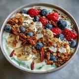 Creamy skyr protein smoothie bowl, topped with fresh berries and breakfast granola.