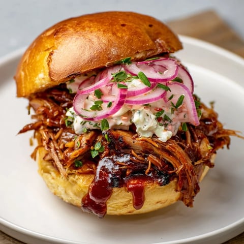 Juicy fire-kissed BBQ pulled pork sandwiches, piled high on toasted buns, dripping with smoky sauce.
