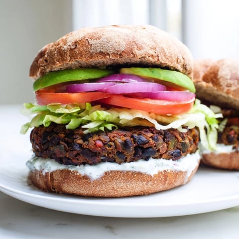 Golden-brown Zesty Black Bean Burgers topped with creamy avocado and fresh tomato, ready for a delicious bite.