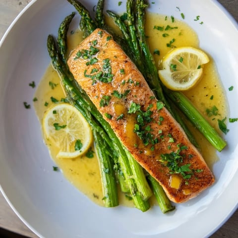 Juicy Skillet Lemon-Butter Salmon, perfectly cooked with tender asparagus and a bright citrus sauce.
