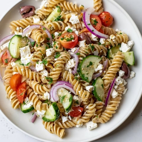 Vibrant photo of Mediterranean Olive Oil and Feta Pasta Salad, a colorful vegetarian delight.