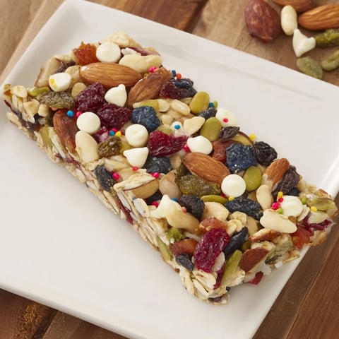 Winter Wonderland Trail Mix Bars, a festive snack studded with white chocolate, are ready to enjoy.