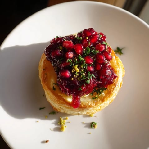 Golden, bubbly Fireworks Brie Tartlets topped with bright red pomegranate seeds and fresh herbs, ready to serve.