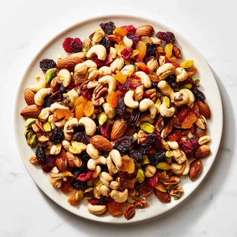 Text description of a colorful pile of assorted nuts and dried fruits, perfect for easy party snacking.