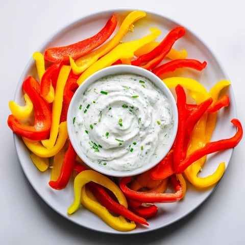 Crisp, colorful bell pepper strips surround creamy Greek yogurt dip, a refreshing snack.