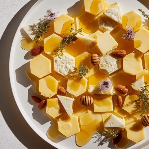 Creamy cheeses and golden honey drizzle showcase this honeycomb hexagon maze cheese platter for guests.