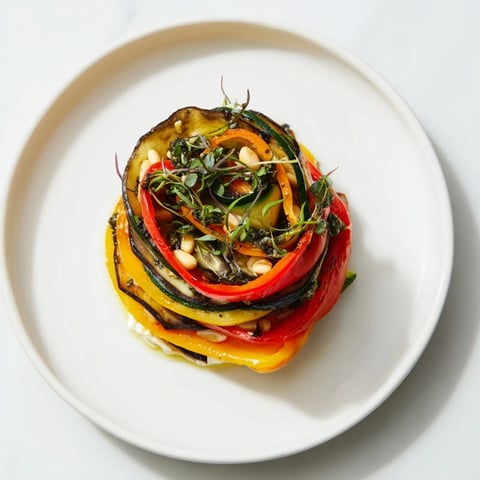 The Snail Shell Spiral appetizer, colorful roasted vegetables artfully arranged in a beautiful spiral.