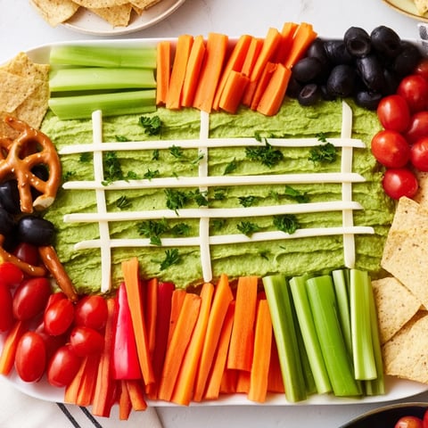 Festive game day snack board arranged as a football field, filled with delicious dips and the snacks.