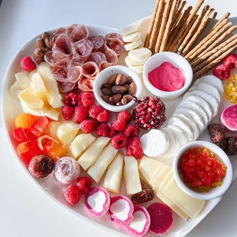 Beautiful Heart of Romance Board overflowing with fresh fruits, cheese, and meats for a special meal.