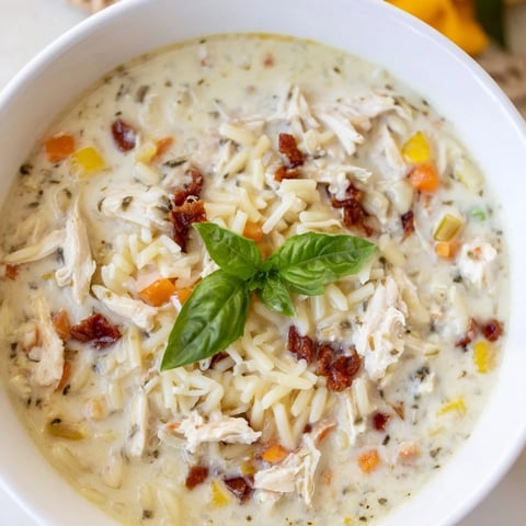 Steaming bowl of warm Marry Me Chicken Soup, brimming with tender chicken, pasta, and vibrant vegetables.