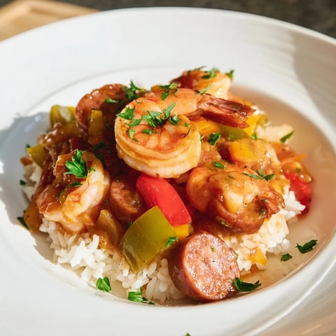 Steaming, flavorful Jambalaya Skillet with shrimp, sausage, and colorful bell peppers ready to eat.