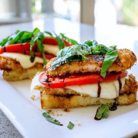 Golden, breaded chicken cutlets with melted mozzarella and fresh basil on a toasted ciabatta roll, drizzled with balsamic glaze.