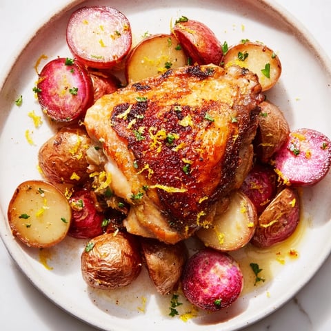 Juicy roasted chicken thighs nestled among golden potatoes and vibrant radishes, drizzled with zesty lemon for this easy sheet pan dinner.  