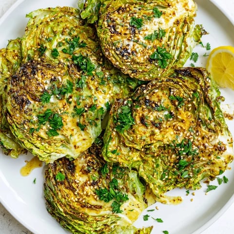Golden roasted cabbage steaks with caramelized edges, drizzled with creamy tahini sauce and fresh parsley.
