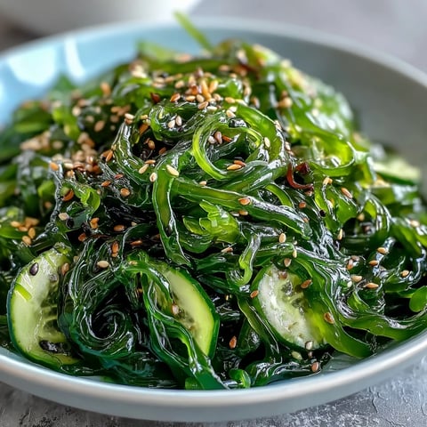 Vibrant seaweed salad with crisp cucumber and tangy sesame-ginger dressing.