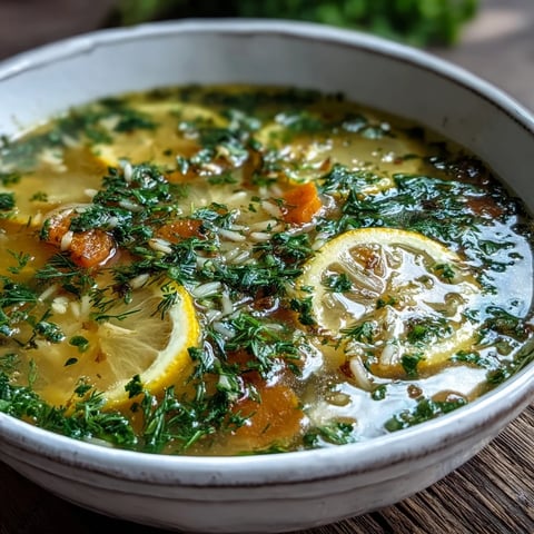 Bright yellow Lemon Herb Soup simmering in a pot with fresh parsley, dill, and lemon slices beside it.