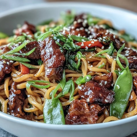 Quick weeknight Pork Noodle Stir-Fry with tender pork, crisp bell peppers, and snap peas tossed in a glossy savory sauce.