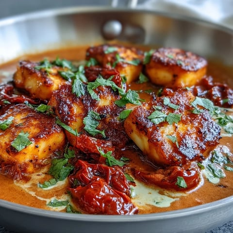 Golden cubes of halloumi rest in a creamy tomato and coconut curry, garnished with fresh cilantro.
