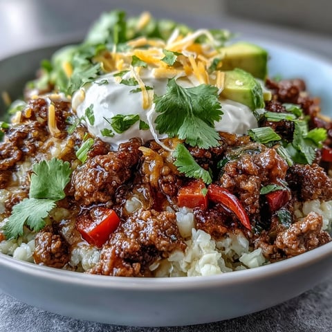Low Carb Burrito Bowl with seasoned ground beef, cauliflower rice, crisp lettuce, and creamy avocado garnish.