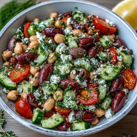 Freshly made Greek Bean Salad with lemon marinated beans, feta, olives, tomatoes, and cucumber in a bowl.