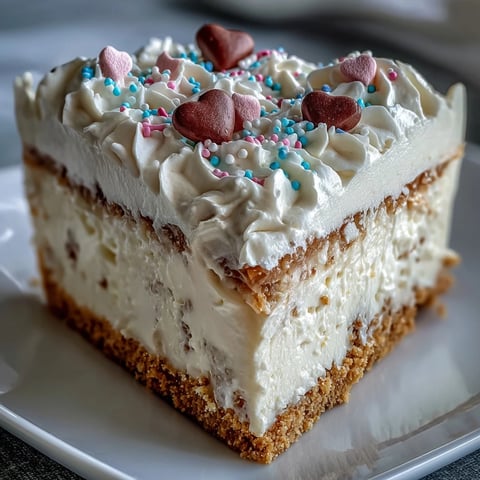 Creamy candy hearts fake cake slice with whipped frosting and a crunchy candy heart garnish.
