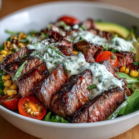 A close-up view of a Steak, Avocado, and Roasted Corn Bowl drizzled with bright green cilantro cream sauce.