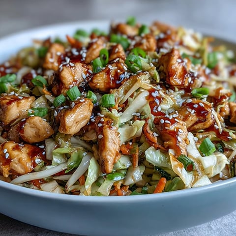 Steaming Egg Roll Bowls with Chicken and Cabbage in a skillet with a savory soy-sesame glaze.
