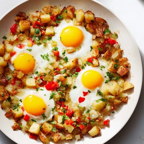 Freshly cooked Simple Skillet Egg and Potato Hash, with vibrant peppers and perfectly poached eggs.