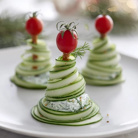 Spiral Cucumber Ribbon Christmas Trees arranged on a platter, ready for a festive holiday appetizer.