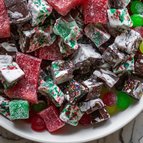 Festive Jingle Bell Rock Candy display boasts vibrant red and green shards, sparkling sugar, and holiday treats.