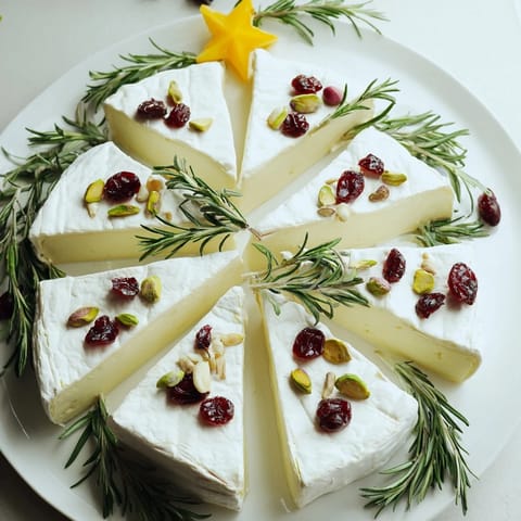 Festive Brie Triangle Cheese Tree appetizer with rosemary and golden crackers, ideal for holiday parties.