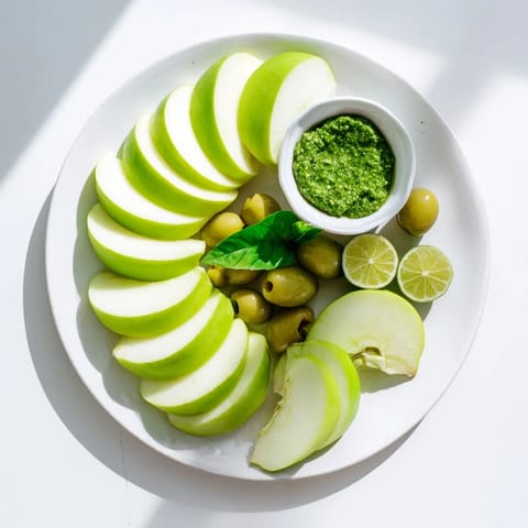Vibrant Emerald City appetizer board boasts green olives, lime wedges, and pesto, a delightful visual treat.