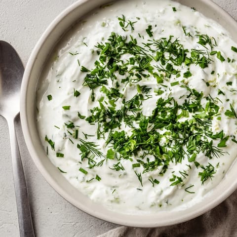 In a rustic kitchen setting, Greek Yogurt Herb Dip is paired with pita chips for a Mediterranean appetizer.  