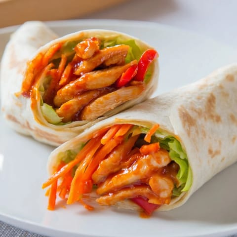 A close-up of a sliced Honey Sriracha Chicken Wrap revealing layers of tender meat and colorful, crunchy veggies inside.