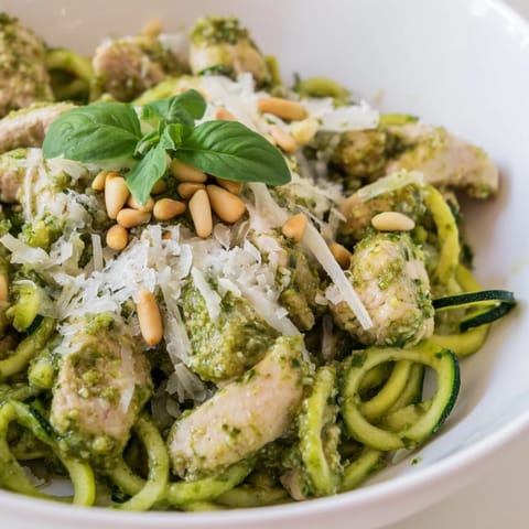 Tender chicken and crisp zucchini noodles tossed in aromatic pesto, served in a white bowl with fresh basil leaves and a sprinkle of Parmesan cheese.