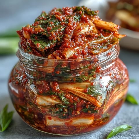 Freshly made kimchi, a tangy Korean side dish bursting with flavor.