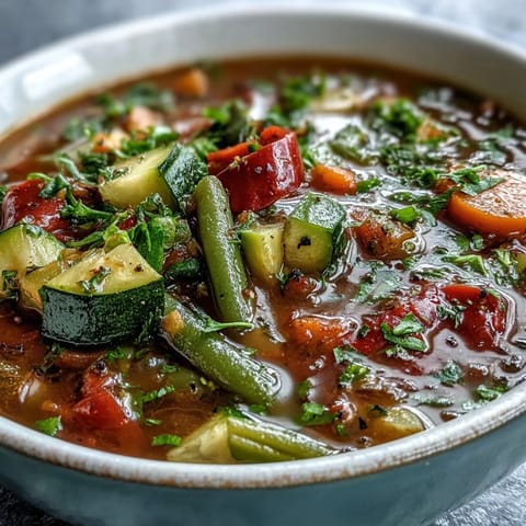 Hearty Italian Herb Vegetable Soup garnished with fresh parsley and spinach.