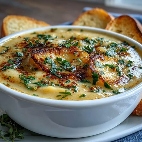 Golden roasted garlic bulbs and fresh thyme beside a pot of simmering Roasted Garlic and Herb Soup.