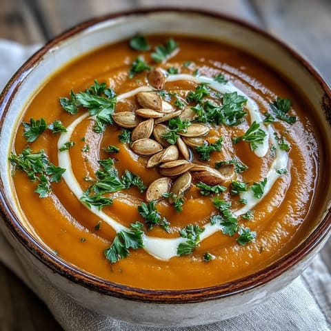 Velvety pumpkin soup with swirls of cream and warm spices ready to serve.