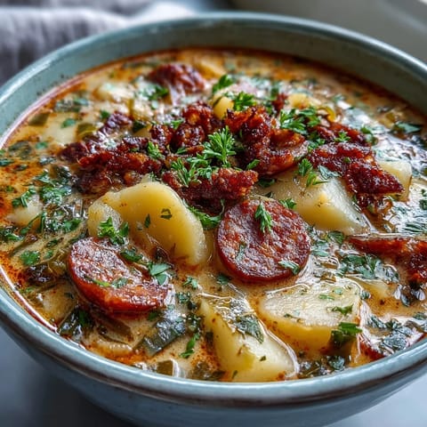 Potato, Leek and Chorizo Soup in a white bowl with a slice of crusty bread on a wooden table.