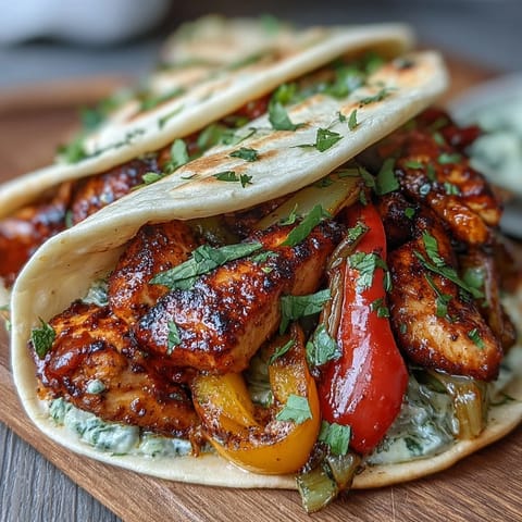 Sliced Easy Chicken Fajitas filling warm tortillas with sour cream and fresh cilantro.