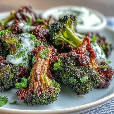 Golden crisp harissa broccoli on warm flatbreads served with lemon wedges.